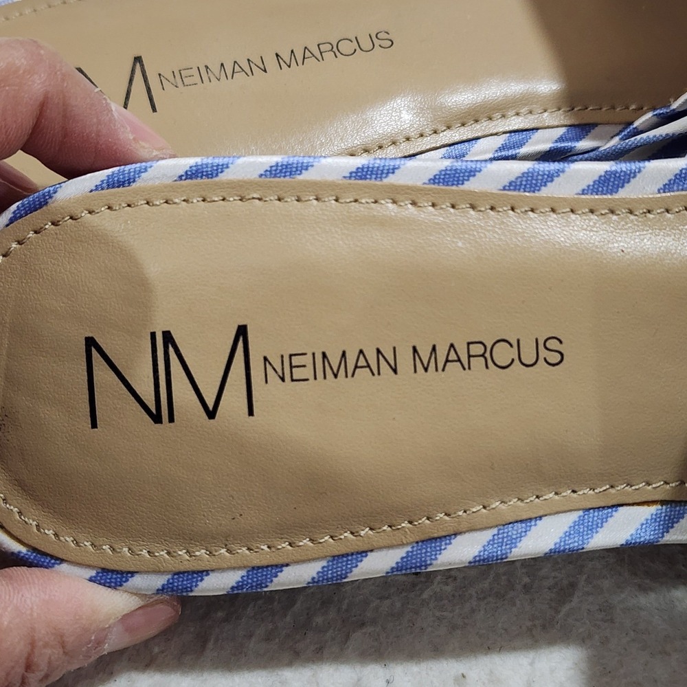 Neiman Marcus Nineya Blue Striped Bow Slide Sandals Womens 8 Nautical Resortwear - Picture 7 of 10
